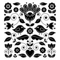 Scandinavian folk art vector black and white greeting card or invitaion design inspired by traditional embroidery patterns from Sw