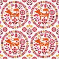 Scandinavian cute folk art vector seamless pattern with flowers and fox, floral textile ornament