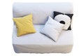 Scandinavian folding sofa bed with colored pillows. 3d render