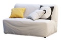 Scandinavian folding sofa bed with colored pillows. 3d render