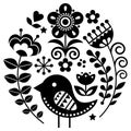 Scandinavian folk art vector pattern with flowers and bird in circle, black floral greeting card or invitation inspired by traditi