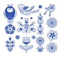 Scandinavian folk design. Nordic blue ornament elements, swedish folklore art. Rustic finnish decor, floral danish style