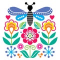 Scandinavian folk flowers vector design, cute spirng floral pattern with bugs, ladybird and fly inspired by traditional embroidery Royalty Free Stock Photo