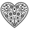 Scandinavian folk heart black pattern with flowers and birds - Valentine`s Day, wedding, birthday greeting card Royalty Free Stock Photo