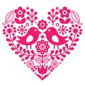 Scandinavian folk pattern with birds and flowers - pink design, Finnish inspired - Valentine`s Day or birthday card Royalty Free Stock Photo