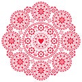 Scandinavian folk style vector decorative mandala pattern with flowers and hearts, Valentine`s Day greeting card or wedding invita