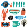 Scandinavian food concept. Hand drawn illustration, made in vector. Crayfish, bowl, fish, cabbage, jam, cup, sandwich.