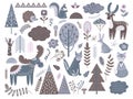 Scandinavian forest. Fashion nordic graphic, cute animals floral elements. Baby swedish modern tree leaves branch deer