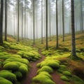scandinavian forest with many lots of green moss