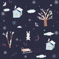 Scandinavian geometric seamless pattern with cute bunny, trees, houses. flat cartoon winter illustration. Forest for kids textile Royalty Free Stock Photo