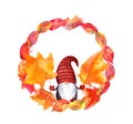 Scandinavian gnome, autumn leaves in floral autumn round wreath. Watercolor natural circle frame Royalty Free Stock Photo
