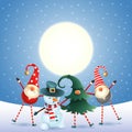 Scandinavian gnomes and snowman celebrate New year in front of magical moon -blue snowy background Royalty Free Stock Photo