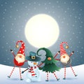 Scandinavian gnomes and snowman celebrate New year in front of magical moon - dark blue snowy background Royalty Free Stock Photo