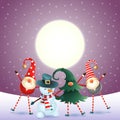 Scandinavian gnomes and snowman celebrate New year in front of magical moon - purple snowy background