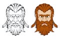 Scandinavian god of thunder and storm. Hand drawing of Thor`s Head. The hammer of Thor - mjolnir. Son of Odin. Cartoon bearded