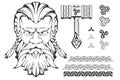 Scandinavian god of thunder and storm. Hand drawing of Thor`s Head. The hammer of Thor - mjolnir. Son of Odin. Cartoon bearded