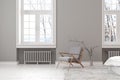 Scandinavian gray empty interior with lounge armchair, window and carpet.