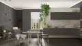 Scandinavian gray minimalist living with kitchen, open space, on