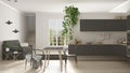 Scandinavian gray minimalist living with kitchen, open space, on