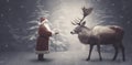 sleigh greeting christmas vintage card illustration santa claus reindeer snow. Generative AI. Royalty Free Stock Photo