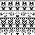 Scandinavian hearts seamless vector pattern folk art style, repetitive cute Nordic design with hearts, flowers, swirls and geometr