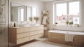 Scandinavian home interior bathroom, light colors, minimalistic design, natural materials, and functionality