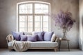 Scandinavian home interior design of modern living room. Rustic sofa with light blue and violet pillow against window Royalty Free Stock Photo