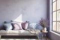 Scandinavian home interior design of modern living room. Rustic sofa with light blue and violet pillow against window Royalty Free Stock Photo