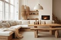 Scandinavian home interior with wood furniture and fireplace, living room of modern house. Contemporary cozy design with wooden Royalty Free Stock Photo