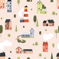 Scandinavian houses pattern. Seamless background with cute homes, city and town buildings, lighthouse, trees. Nordic Royalty Free Stock Photo