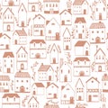 Scandinavian houses seamless pattern. Vector hand-drawn illustration of a building in a simple childish cartoon style. Cute Royalty Free Stock Photo