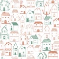 Scandinavian houses seamless pattern. Vector hand-drawn illustration of a building in a simple childish cartoon style. Cute sketch Royalty Free Stock Photo