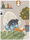 Scandinavian hygge cozy interior with armchair, cute cat sleeping in chair of living room