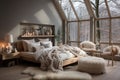 Scandinavian inspired bedroom with big window, cozy, elegance and a welcoming feel