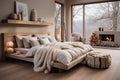 Scandinavian inspired bedroom with big window, cozy, elegance and a welcoming feel