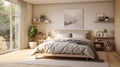 A Scandinavian-inspired bedroom, clean lines, muted colors.