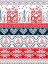 Scandinavian, inspired by Norwegian Christmas and festive winter seamless pattern in cross stitch with gingerbread house