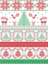 Scandinavian inspired by Norwegian Christmas and festive winter seamless pattern in cross stitch with Xmas trees, snowflakes