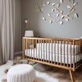 A Scandinavian-inspired nursery with a wooden crib, neutral colors, and whimsical animal wall decals2, Generative AI