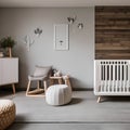 A Scandinavian-inspired nursery with a wooden crib, neutral colors, and whimsical animal wall decals5, Generative AI