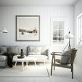 Scandinavian-inspired white frame room decor with white wall. Generative AI