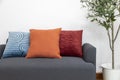 Scandinavian interior decoration of grey sofa with blue, red and orange pillow on it. Royalty Free Stock Photo