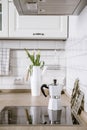 Coffee maker. White grey kitchen room organization Royalty Free Stock Photo