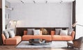 Scandinavian Interior Design Of Living Room With Orange Sofa Furniture, Vintage Beige Wallpaper Background And Wooden Wall Stripes