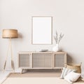 Scandinavian interior design of living room with rattan console, wooden chair, mock up poster frame Royalty Free Stock Photo