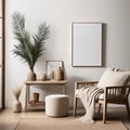 Scandinavian Interior Design of Living Room with Rattan Console, Wooden Chair, Mock-up Poster Frame, Pampas in Vase, and Trendy Royalty Free Stock Photo