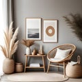 Scandinavian interior design of living-room with rattan console Royalty Free Stock Photo