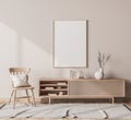 Scandinavian interior design of living room with rattan console, wooden chair, mock up poster frame Royalty Free Stock Photo