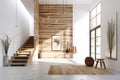 Scandinavian interior design of modern entrance hall with grid door, staircase and rustic wooden accent pieces. Created with Royalty Free Stock Photo