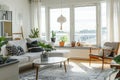 Scandinavian interior design of modern home living room Comfortable sofas and wooden cabinets cling to beige stucco Royalty Free Stock Photo